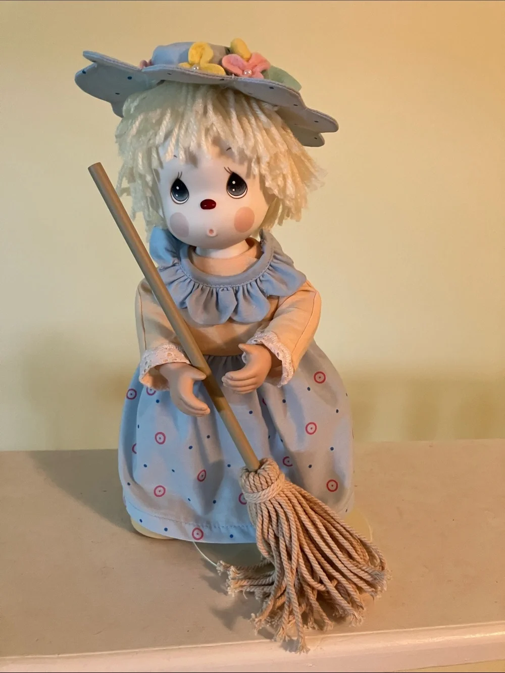 Precious Moments Pastel Blue & Cream Girl Figurine with Mop